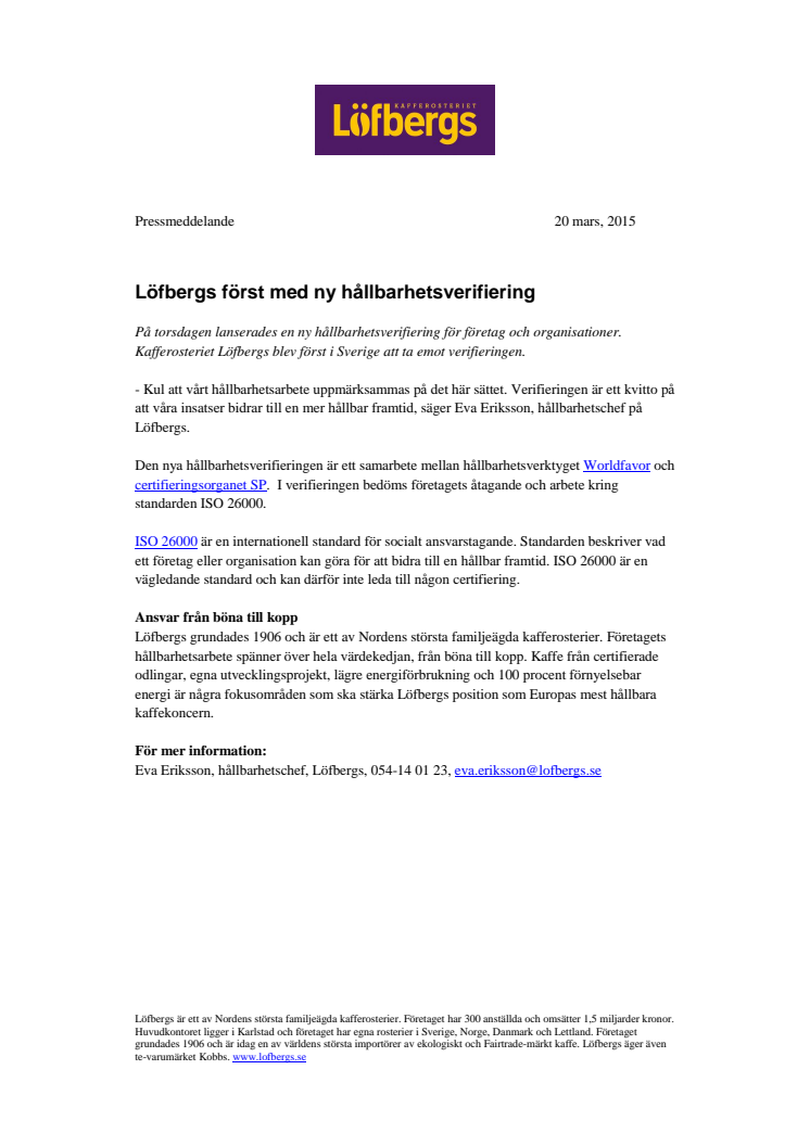 Löfbergs först med ny hållbarhetsverifiering