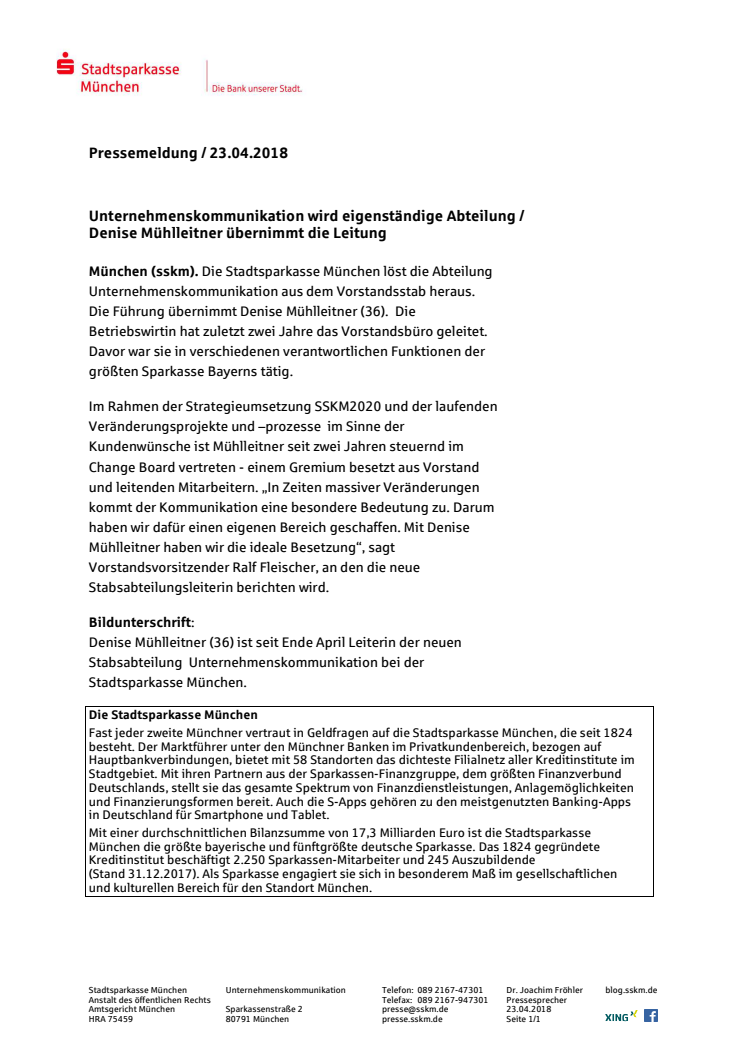 Unternehmenskommunikation wird eigenständige Abteilung / Denise Mühlleitner übernimmt die Leitung