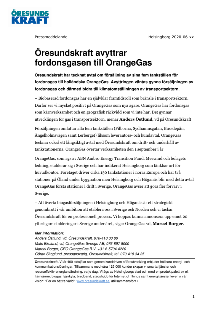 Öresundskraft avyttrar fordonsgasen till OrangeGas