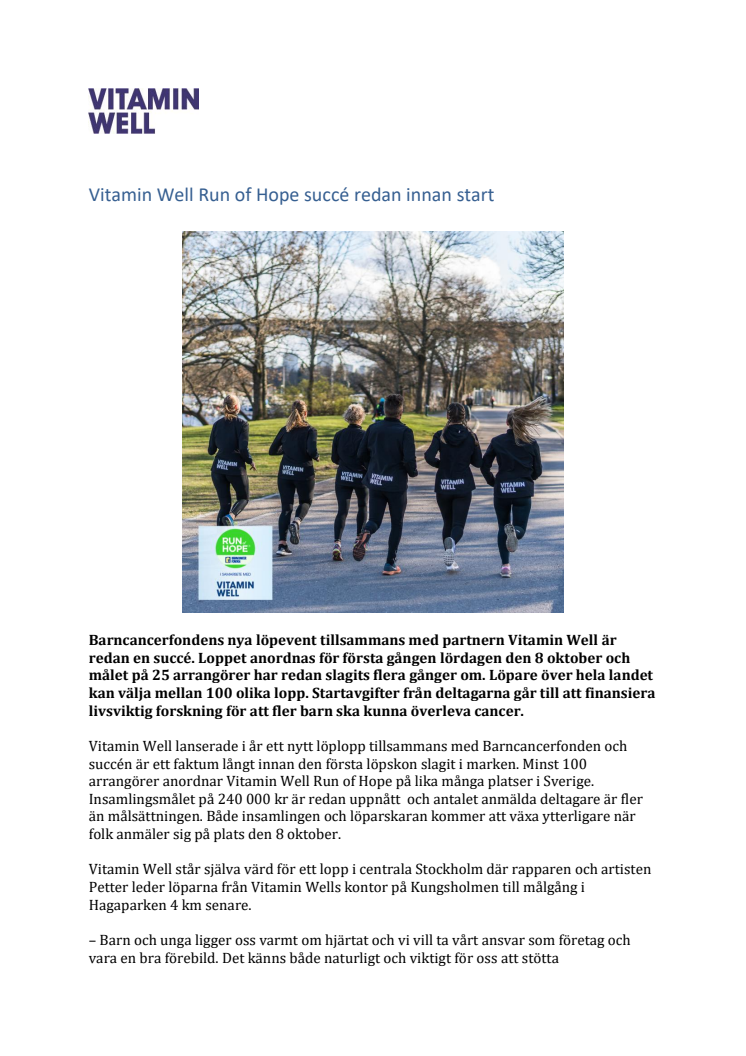 Vitamin Well Run of Hope succé redan innan start