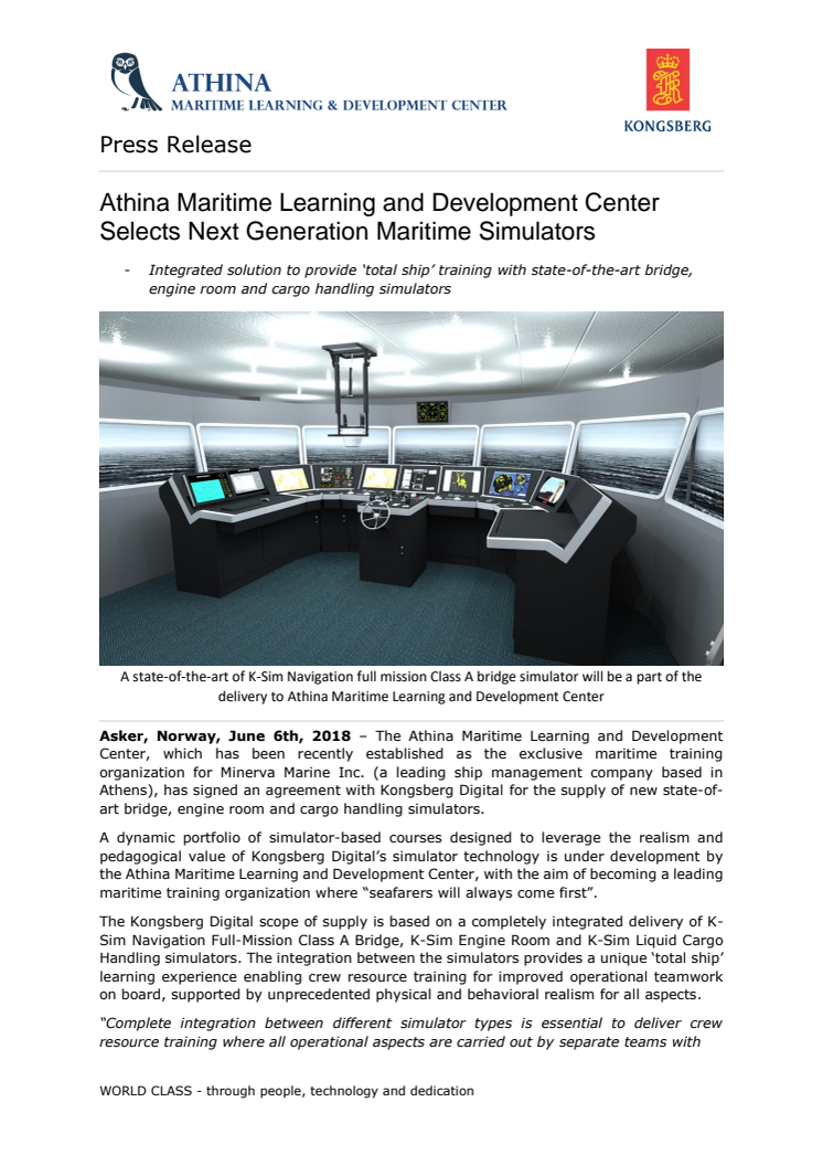 Kongsberg Digital: Athina Maritime Learning and Development Center Selects Next Generation Maritime Simulators