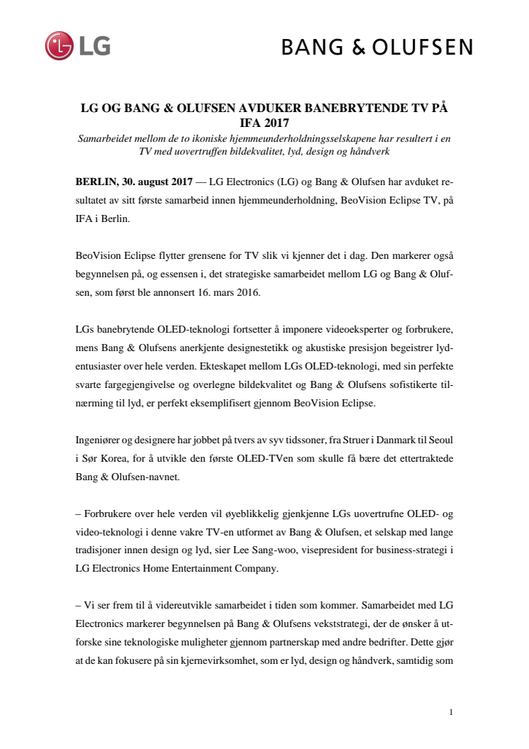 LG OG BANG & OLUFSEN AVDUKER BANEBRYTENDE TV PÅ IFA 2017
