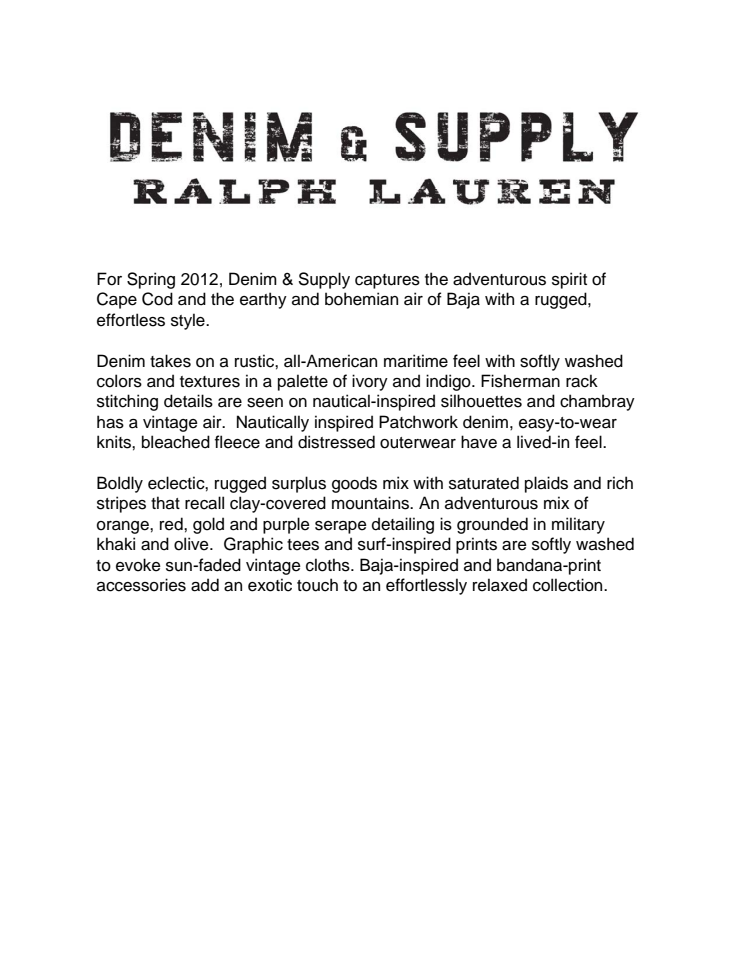 Denim & Supply Ralph Lauren - Pressmeddelande från Denim & Supply Ralph Lauren