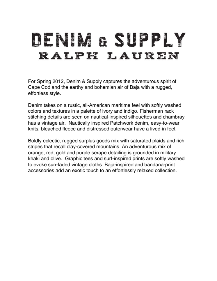 Denim & Supply Ralph Lauren - Pressemeddelelse fra Denim & Supply Ralph Lauren