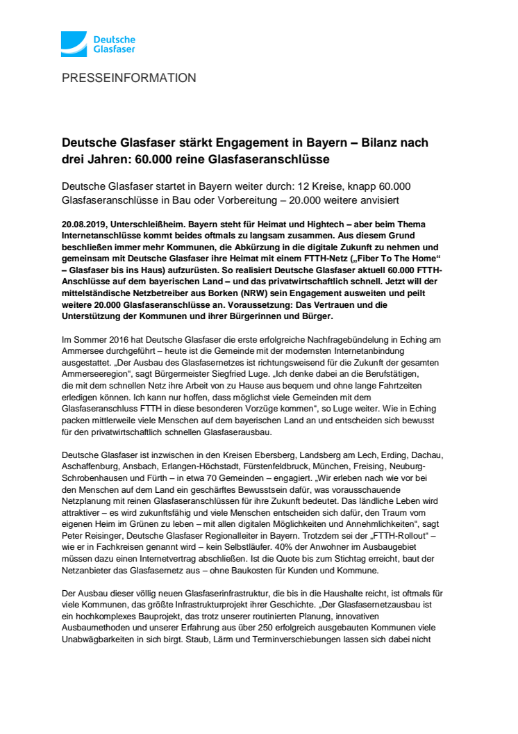 Deutsche Glasfaser stärkt Engagement in Bayern – Bilanz nach drei Jahren: 60.000 reine Glasfaseranschlüsse