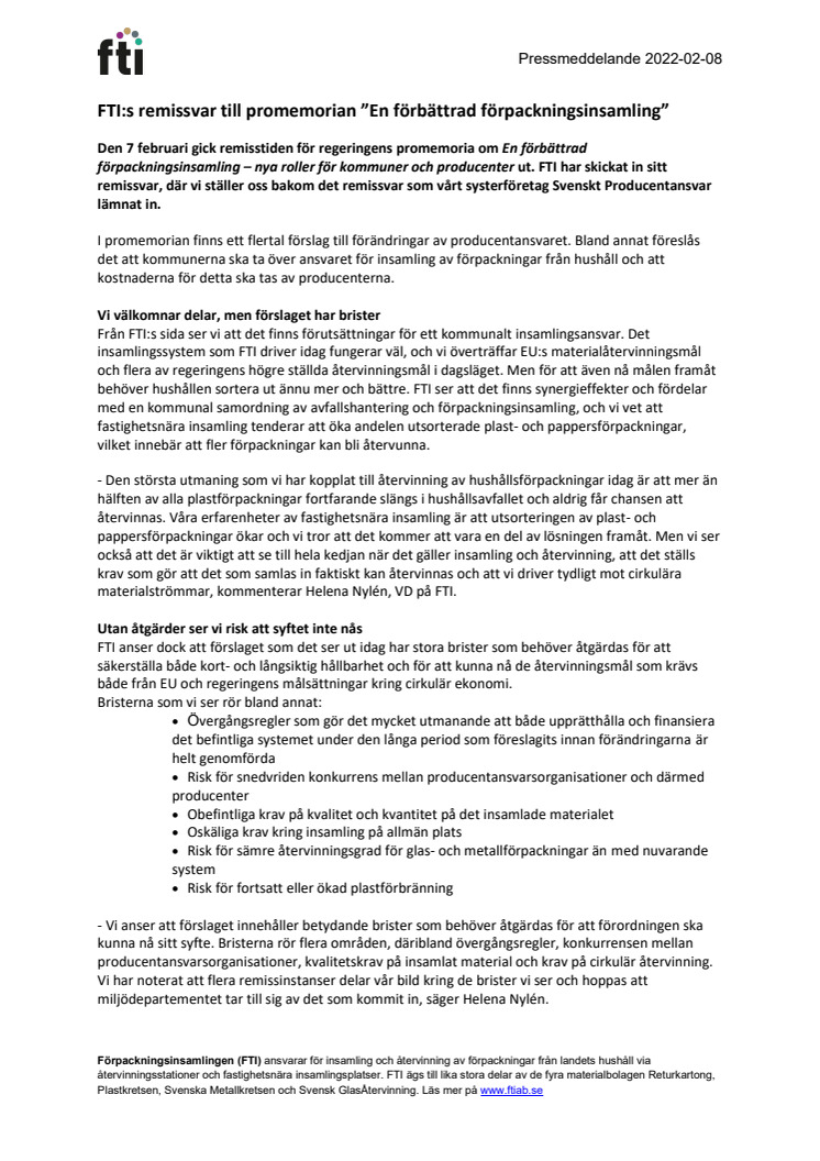 220208 FTIs remissvar till promemorian - en förbättrad förpackningsinsamling.pdf