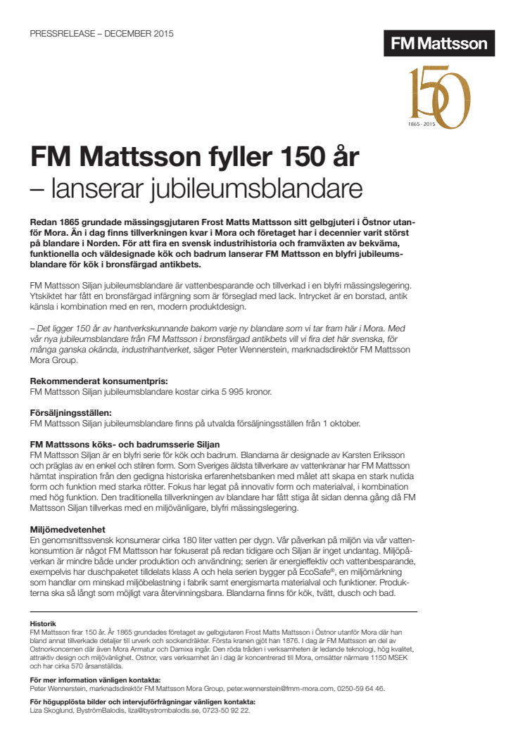 FM Mattsson fyller 150 år – lanserar jubileumsblandare