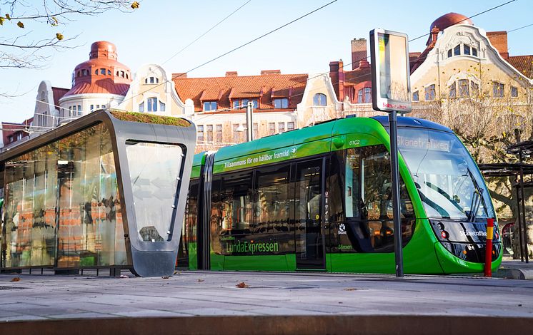 Spårvagnshållplatsen Lund C på Clemenstorget i Lund. 