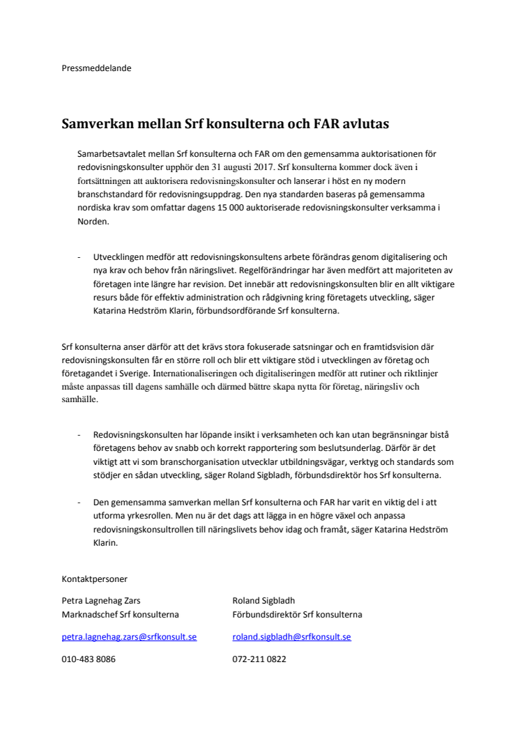 Samverkan mellan Srf konsulterna och FAR avslutas