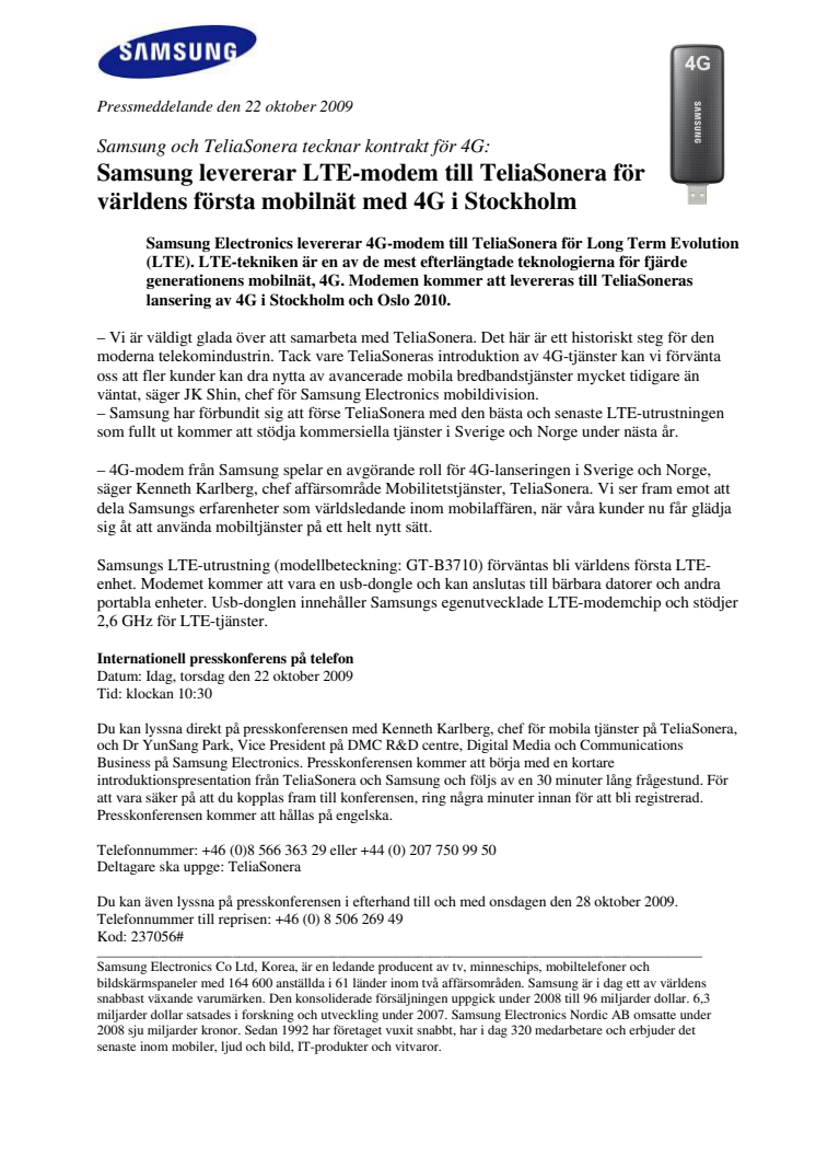 Samsung levererar LTE-modem till TeliaSonera för världens första mobilnät med 4G i Stockholm