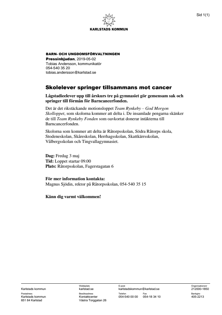 Pressinbjudan: Skolelever springer mot cancer