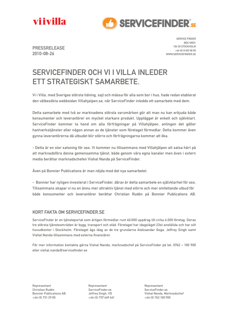 ServiceFinder och Vi I Villa inleder  ett strategiskt samarbete.
