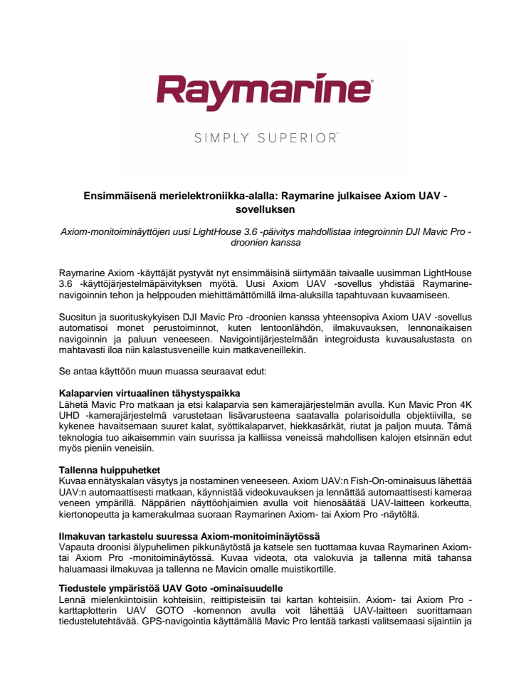 Raymarine: Ensimmäisenä merielektroniikka-alalla: Raymarine julkaisee Axiom UAV -sovelluksen