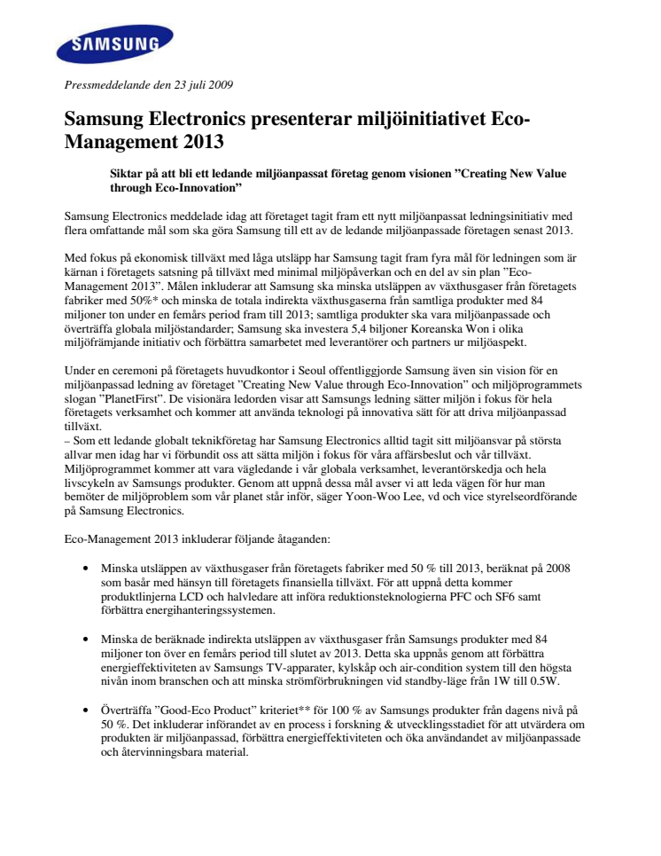 Samsung Electronics presenterar miljöinitiativet Eco-Management 2013