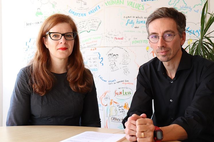 Professor Tanja Bueltmann of Northumbria University with Christos Katsioulis, Director of Friedrich-Ebert-Stiftung’s London office. (Photo credit: Andre Weisser/FES London)