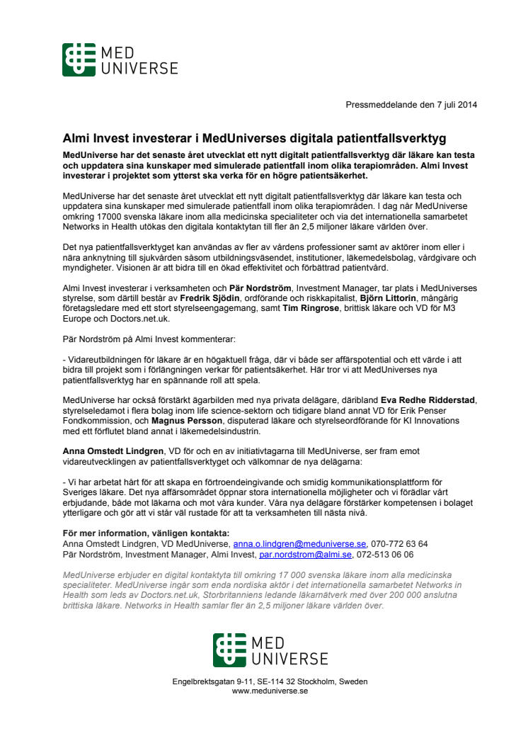 Almi Invest investerar i MedUniverses digitala patientfallsverktyg 