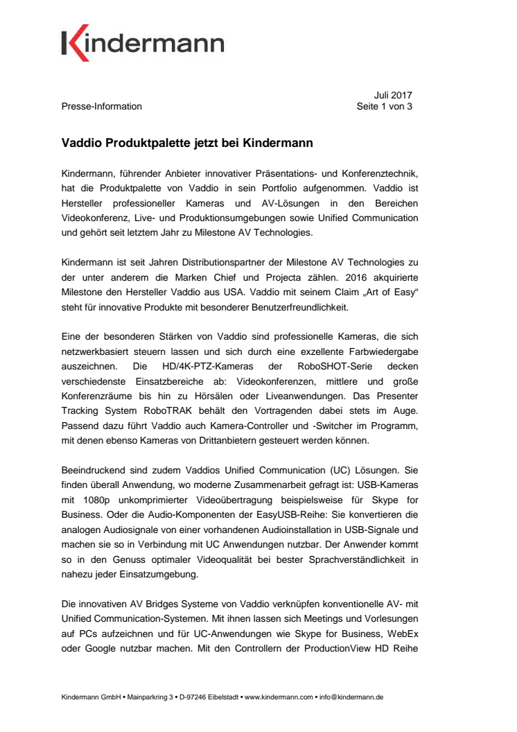 Vaddio Produktpalette jetzt bei Kindermann