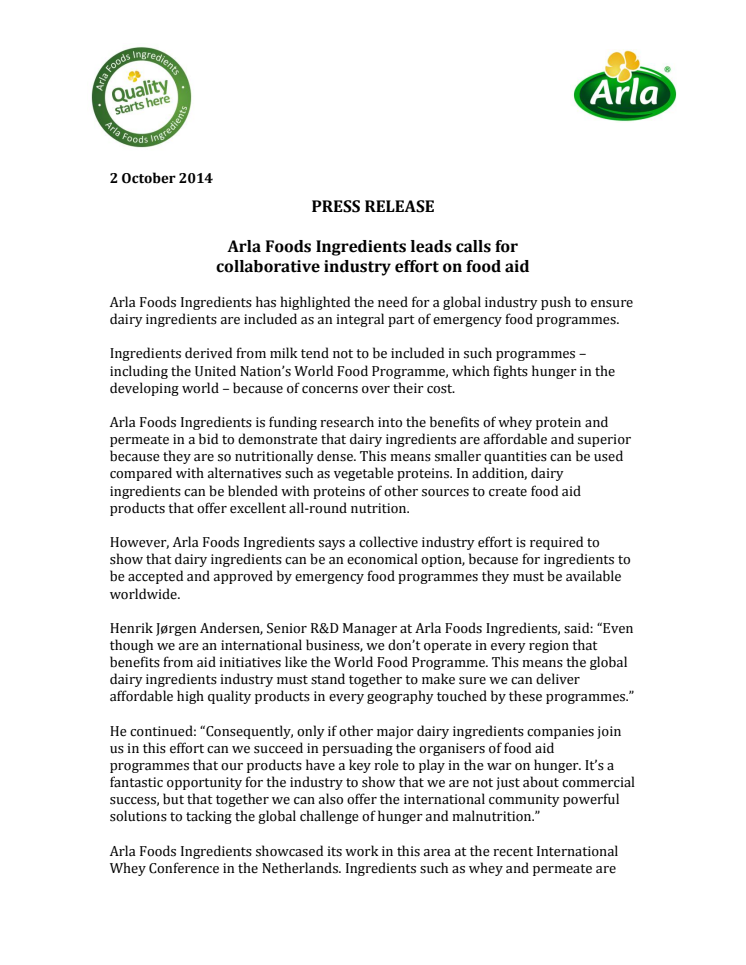 Arla Foods Ingredients leads calls for collaborative industry effort on food aid