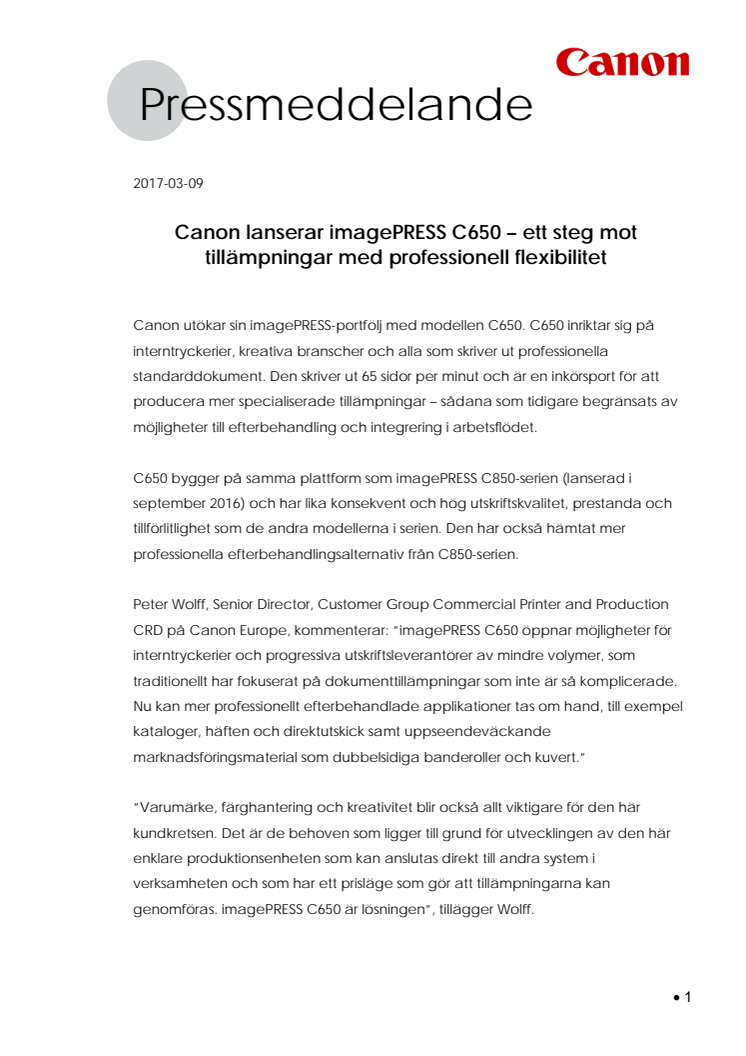 Canon lanserar imagePRESS C650 – ett steg mot tillämpningar med professionell flexibilitet 