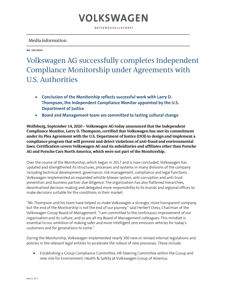 Volkswagen AG successfully completes Independent Compliance Monitorship under Agreements with U.S. Authorities