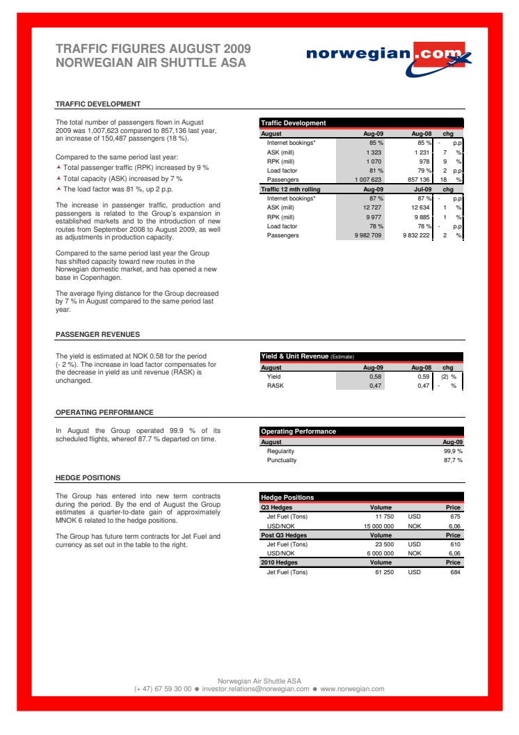 Traffic Figures August 2009