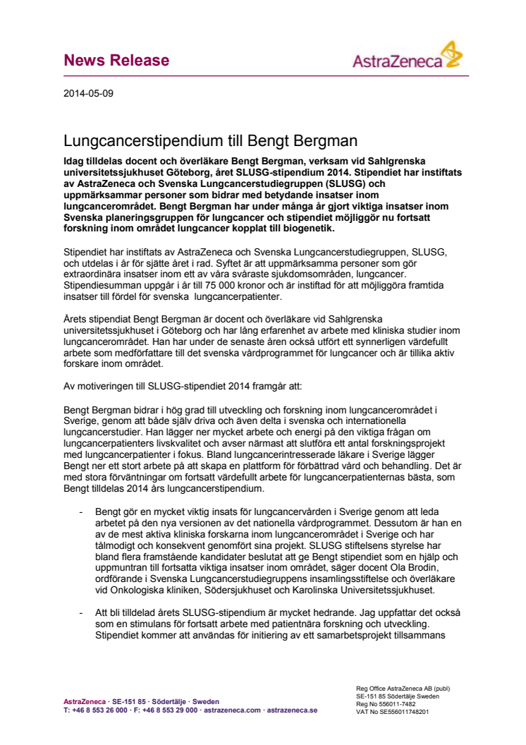 Lungcancerstipendium till Bengt Bergman 