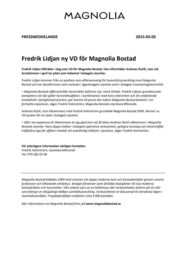 Fredrik Lidjan ny VD för Magnolia Bostad