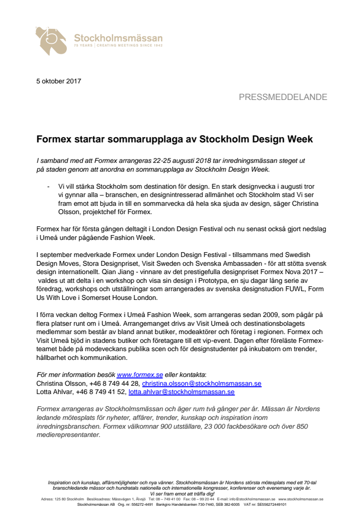 Formex startar sommarupplaga av Stockholm Design Week