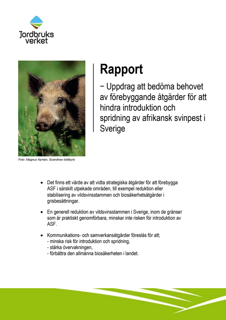 Rapport − Uppdrag att bedöma behovet av förebyggande åtgärder för att hindra introduktion och spridning av afrikansk svinpest i Sverige