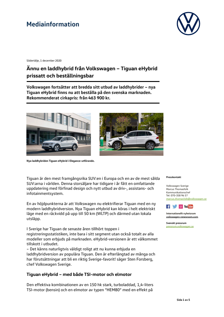 Ännu en laddhybrid från Volkswagen – Tiguan eHybrid prissatt och beställningsbar