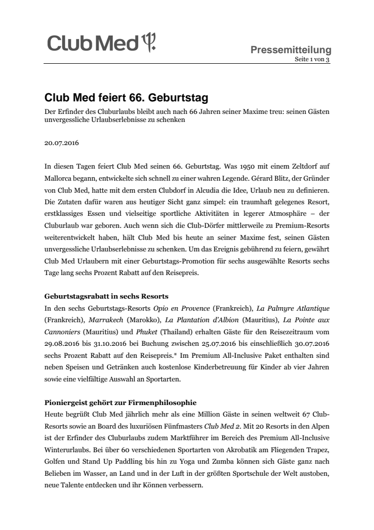 Club Med feiert 66. Geburtstag
