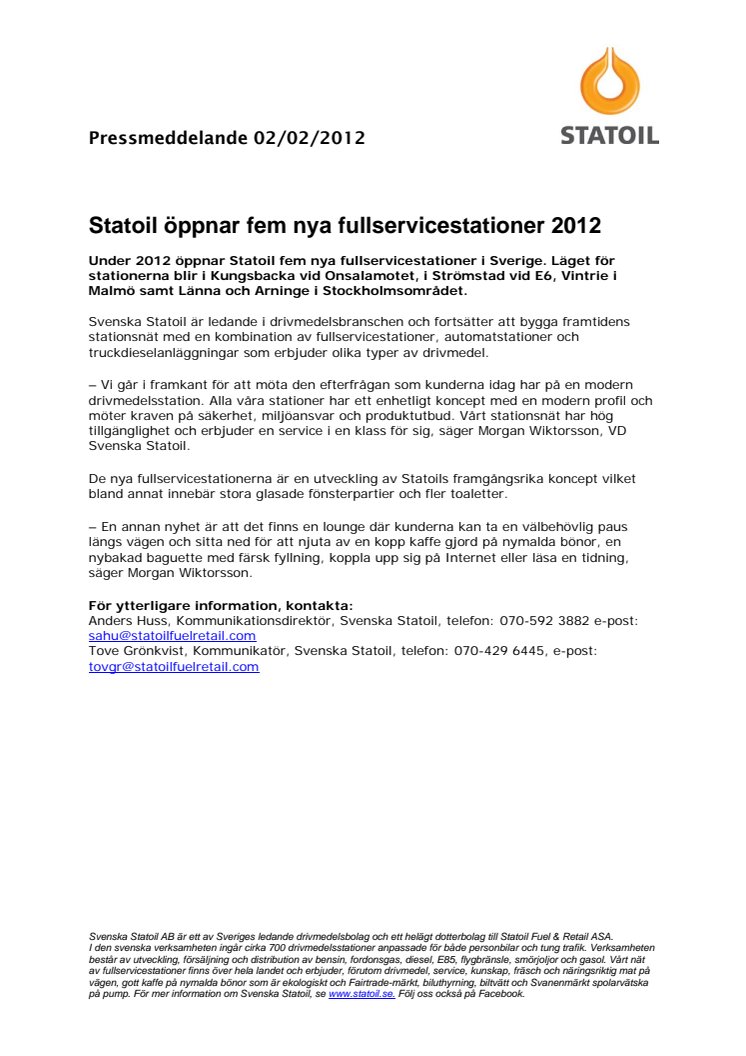 Statoil öppnar fem nya fullservicestationer 2012