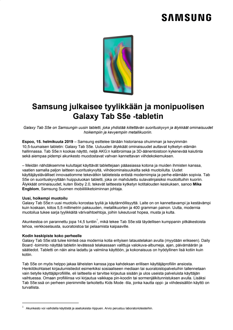 Samsung julkaisee tyylikkään ja monipuolisen  Galaxy Tab S5e -tabletin