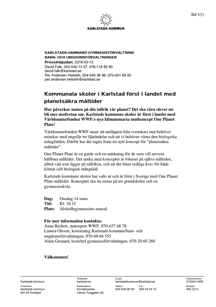 Pressinbjudan: Kommunala skolor i Karlstad först i landet med planetsäkra måltider