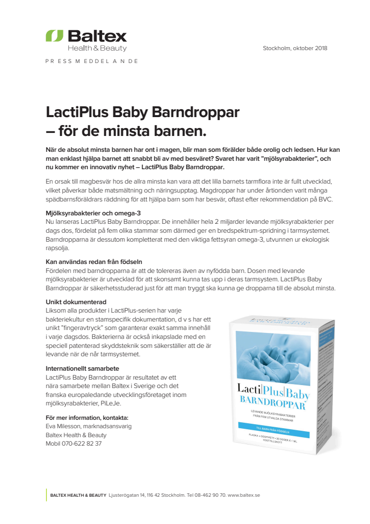 Nyhet,  LactiPlus Baby Barndroppar – för de minsta barnen.