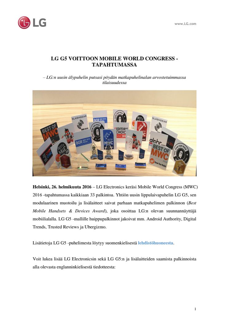 LG G5 VOITTOON MOBILE WORLD CONGRESS -TAPAHTUMASSA