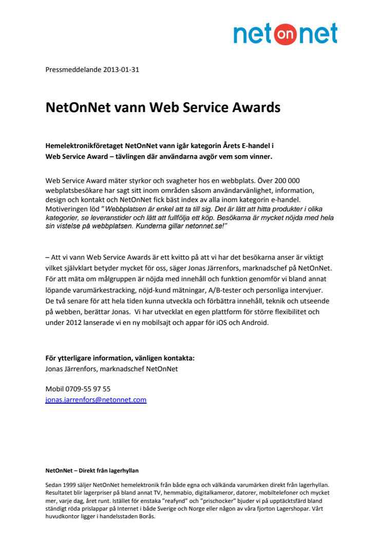 NetOnNet vann Web Service Awards