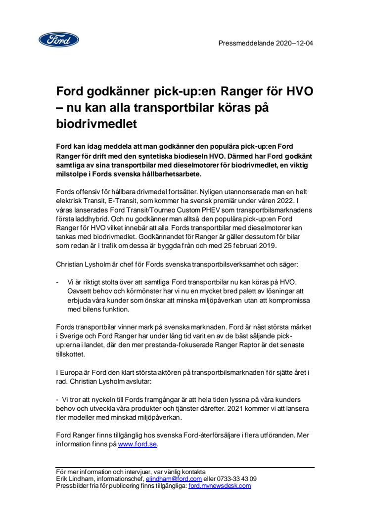 Ford godkänner pick-up:en Ranger för HVO – nu kan alla transportbilar köras på biodrivmedlet