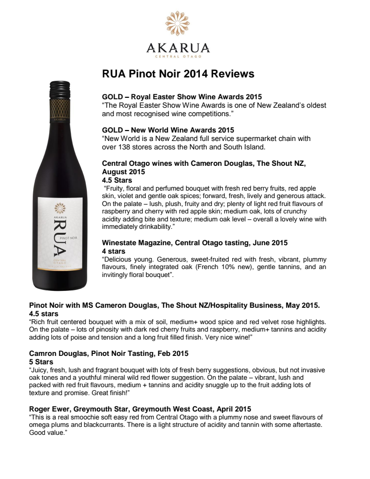 AWARDS - RUA PINOT NOIR 2014