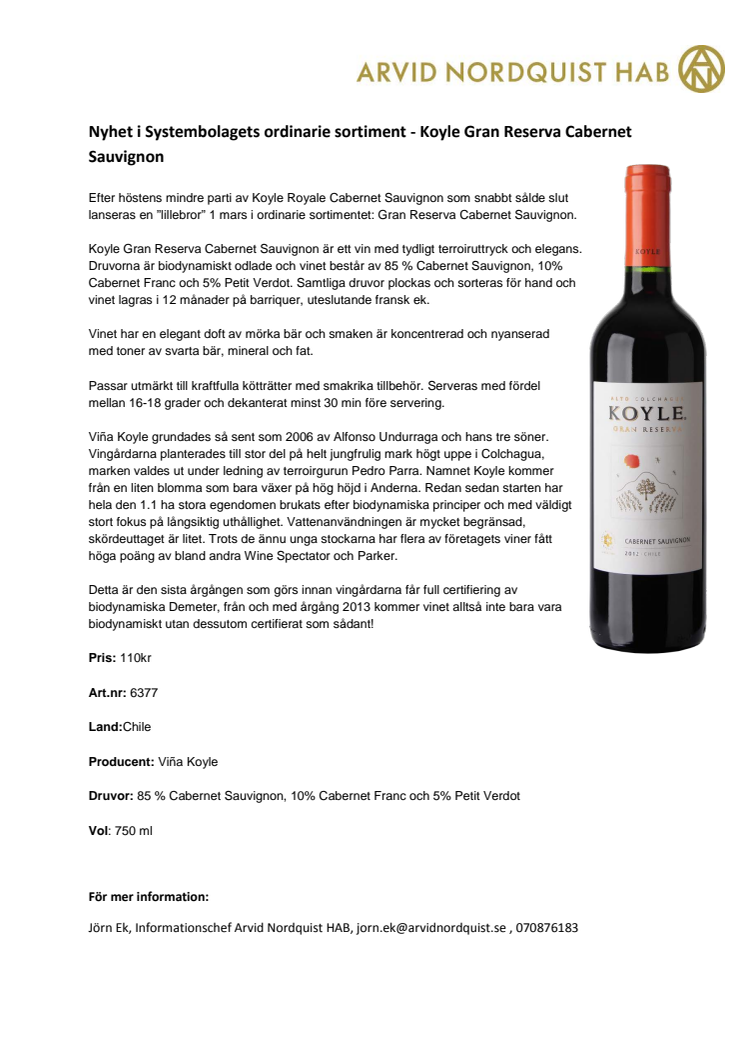  Nyhet i Systembolagets ordinarie sortiment - Koyle Gran Reserva Cabernet Sauvignon