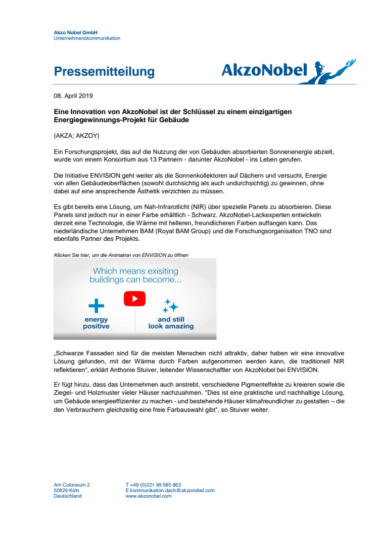 Eine Innovation von AkzoNobel ist der Schlüssel zu einem einzigartigen Energiegewinnungs-Projekt für Gebäude