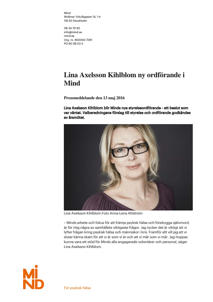 ​Lina Axelsson Kihlblom ny ordförande i Mind