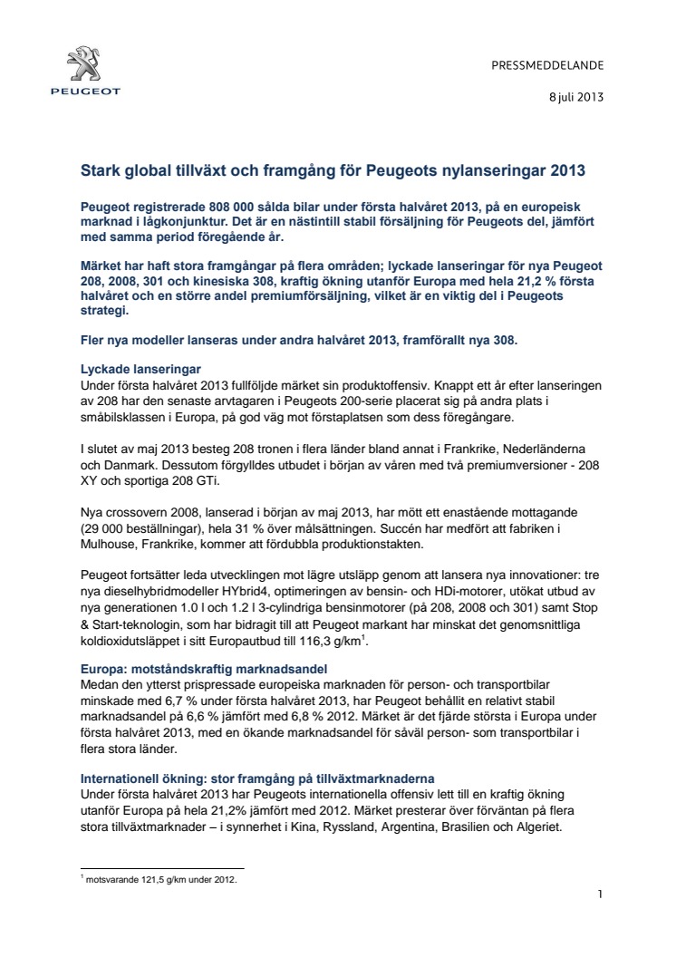 Stark global tillväxt och framgång för Peugeots nylanseringar 2013