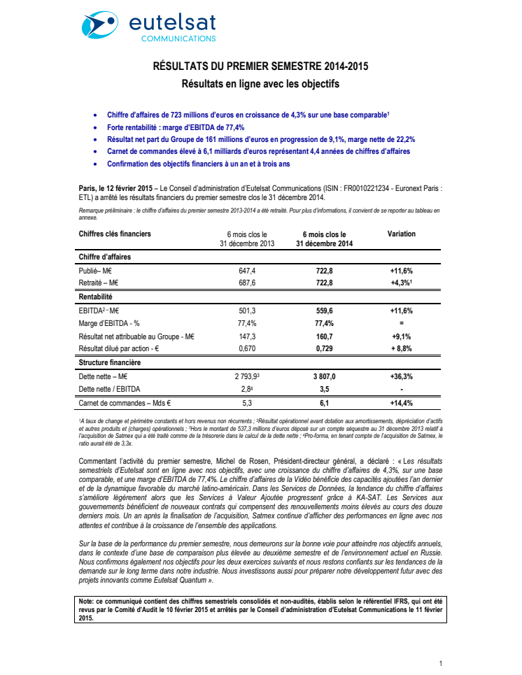 RÉSULTATS DU PREMIER SEMESTRE 2014-2015