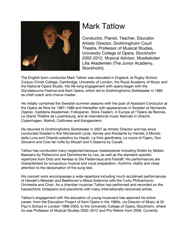Bio of Mark Tatlow, Artistic Director at Drottningholm Court Theatre