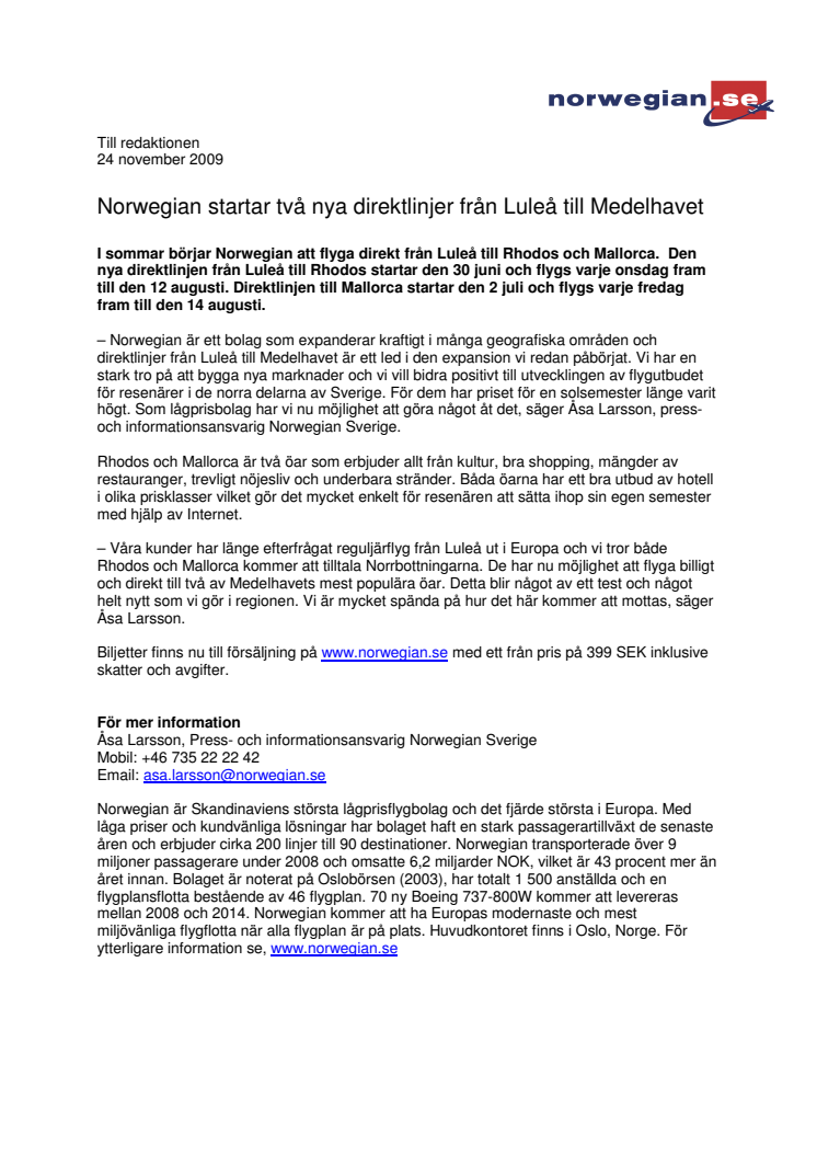 Norwegian startar två nya direktlinjer från Luleå till Medelhavet