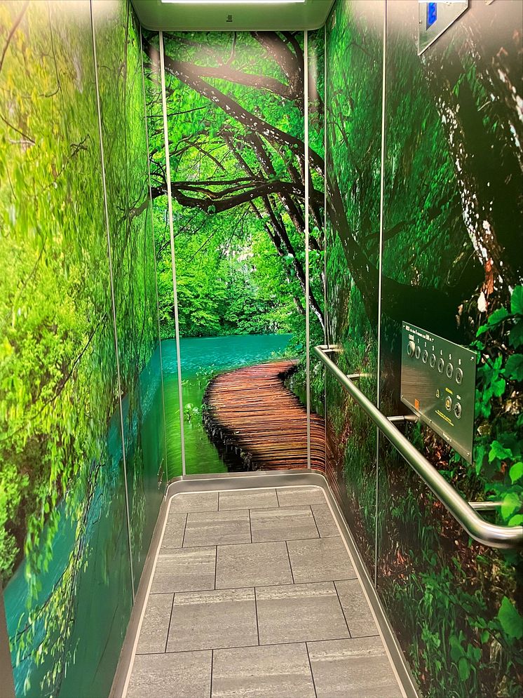 Stig bland träd och vatten, motiv i Botkyrkabyggens hiss i Storvreten