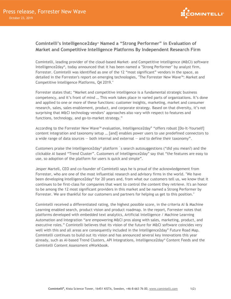 Comintelli’s Intelligence2day® Named a “Strong Performer” in Evaluation of Market and Competitive Intelligence Platforms By Independent Research Firm