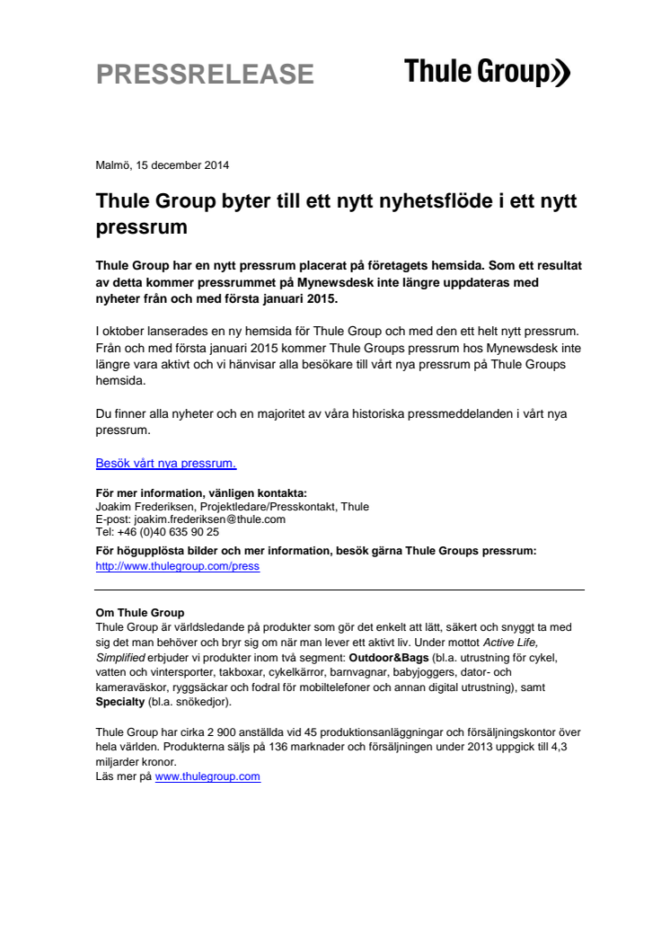 Thule Group byter till ett nytt nyhetsflöde i ett nytt pressrum