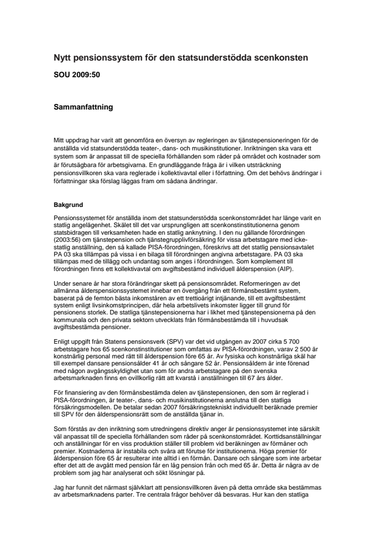 Sammanfattning pensionsutredningen (SOU 2009:50)